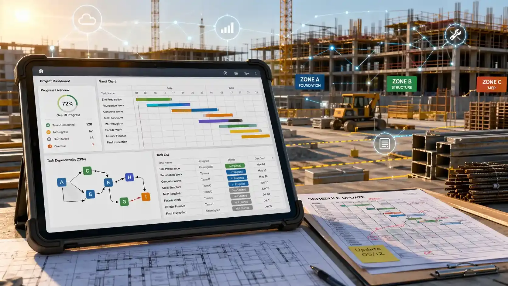 Construction site with digital scheduling dashboard and progress tracking